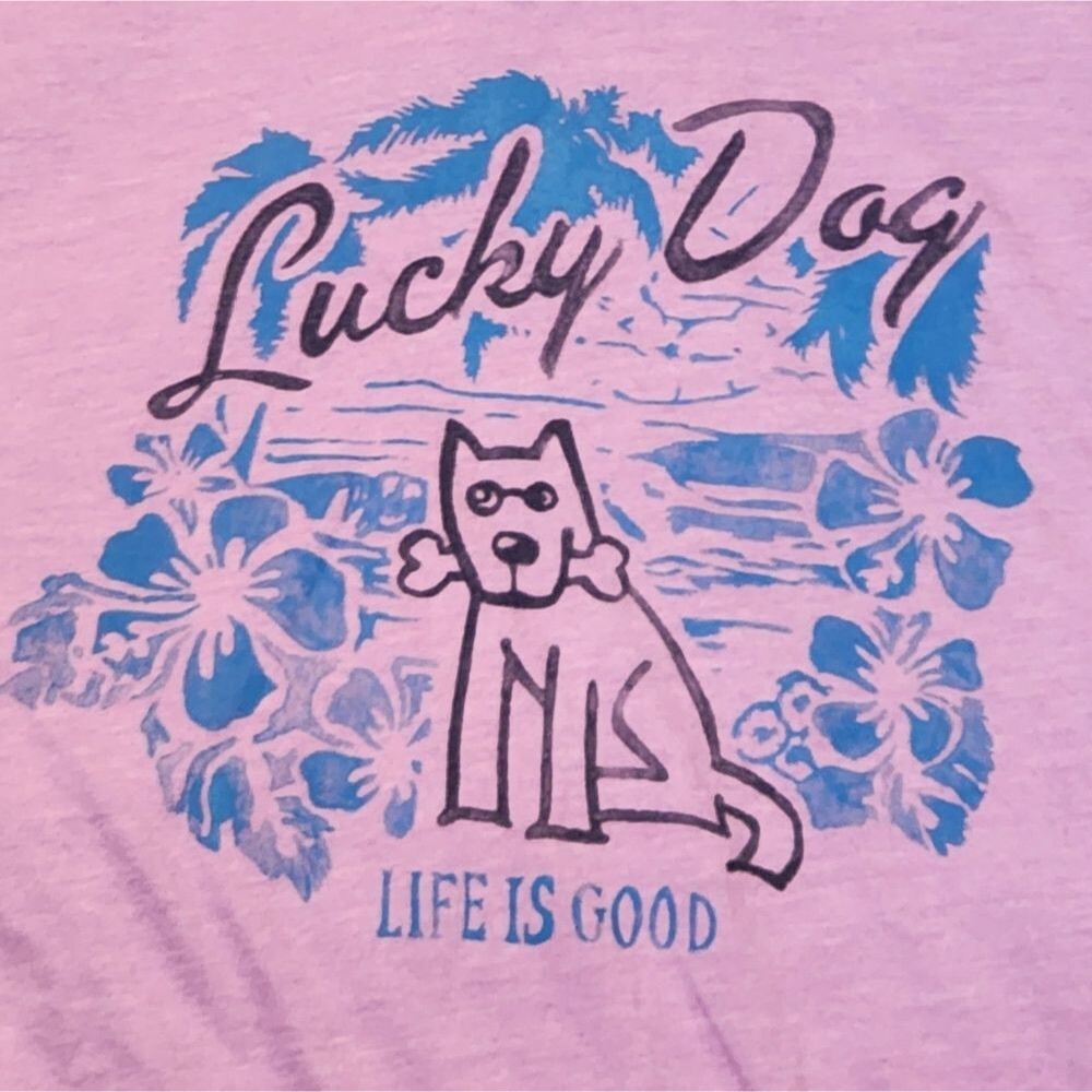 Life is Good Lucky Dog Rocket Purple V-Neck Classic T-shirt Women's Size M